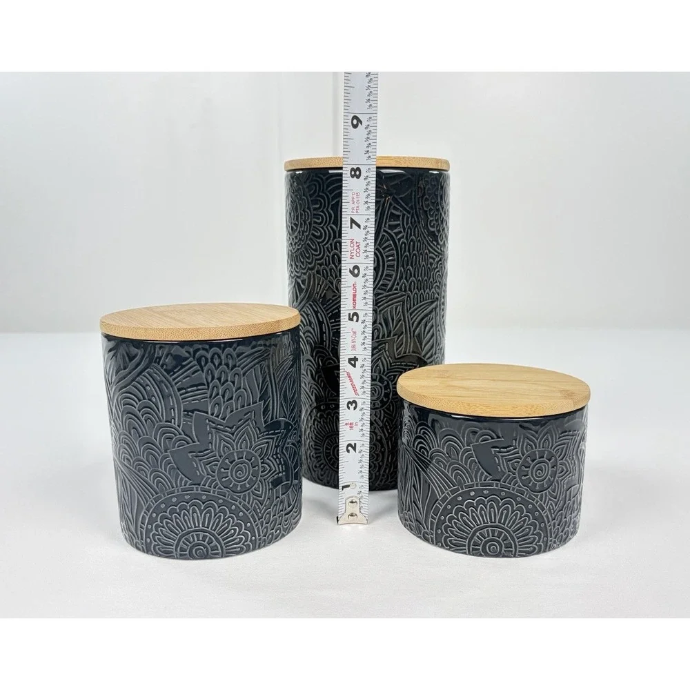 Atelier Ceramic Kitchen Canister Set 3 Piece Blue Embossed Floral Wood Lids